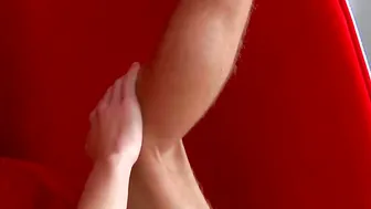 Blonde bare chested twink masturbating and playing with ass