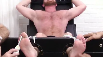 Hairy gay dude Red gets tied down and tickled on the chair