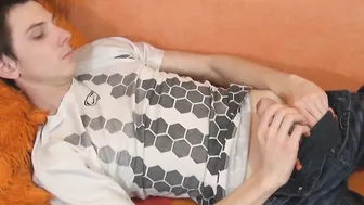 Ass bandit Eryk plays with his uncut rock solid cock solo