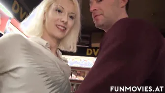 Thin Sarah gets double penetration inside a sex shop