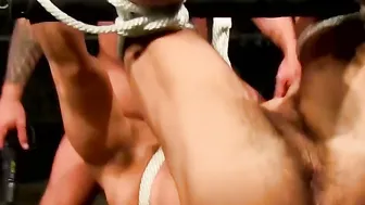 Bondage and hardcore throat fucking for submissive man