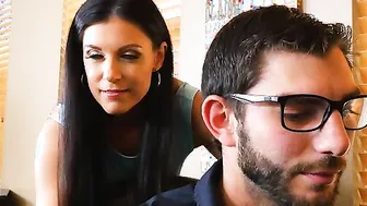 Dark Hair India Summer fucking into the desk with her boobs