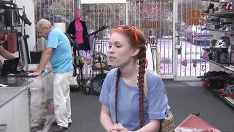 Little redhead temptress earns money by fucking in pawnshop