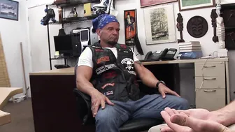 Hunky biker sells ass to hung perv for money in office