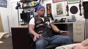 Perv porn video – Hunky biker sells ass to hung perv for money in office