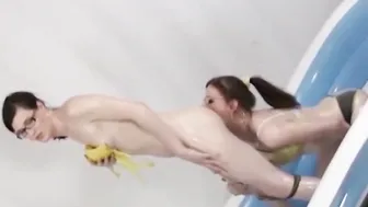 Nerdy Jamie French fucking shemale in inflatable pool