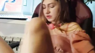 A girl watches HER PORN and MASTURBATES - Hard Fuck with a Gag in her Mouth