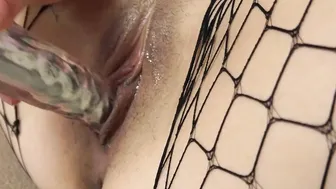 ChickPass - Tattooed Ashenn Fire rips her fishnets to do a dildo