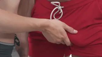 Tiny youngster strokes his cock while riding huge dick
