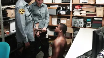 Handsome ebony thief barebacked by two policemen