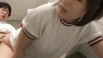 School women Kaede Oshiro riding innocent dude at the bathroom