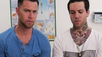 One lucky guy gets his cock pleasured by two handsome sluts