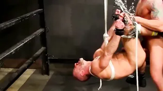 Hardcore throat fucking for submissive and tied buff man