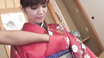 Yuria Tominaga inside kimono getting things on her twat