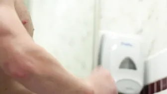 Hairy furry in army uniform strokes cock in bathroom solo