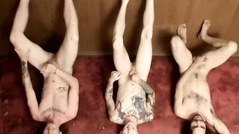 Three straight thugs stroke their hard dicks and splooge