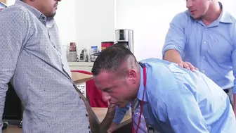 Hunky manager gives instructions while workers fuck