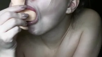Sucking on sex toy and masturbating for you