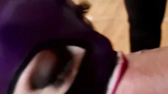 Costumed babe sprayed with jizz after riding threesome