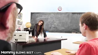 Bombshell Professor Demonstrates Blowjobs On Eager Sex-Ed College Girl