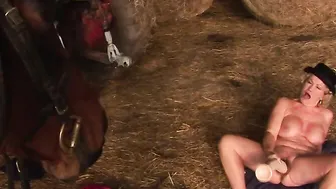 Kinky mama playing with herself in a barn