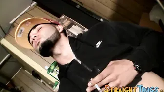 Bearded twink thug smokes before her strokes his dick solo