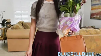 Cute and horny teen slut rides an old dick like a pro