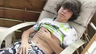Curly hair twink with big long dick strokes and jerks hard