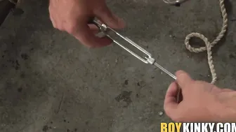 Horny and cute stud Cameron James stretched and made to cum