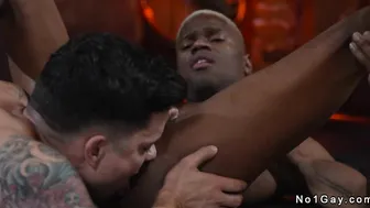 Balls deep bareback interracial gay sex in restaurant