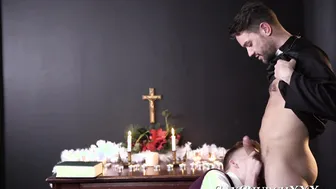 Inked twink seduces kinky priest into bareback ass pounding