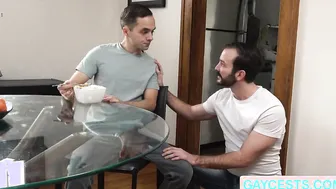 Stepdad and stepson morning sex in table