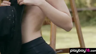 Redhead Russian naked babe chopping wood