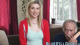Mature perv will teach a slutty teen blonde how to suck it