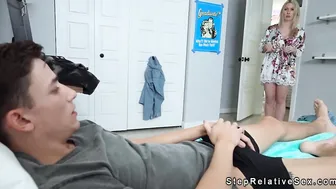 Busty stepmother rides big dick to stepson in bed