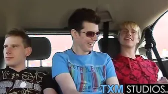 Picking up cute twink Todd for hard threesome sex in the car