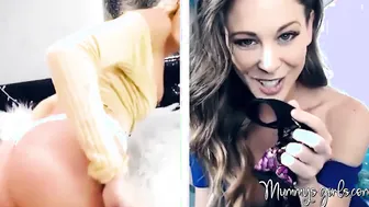 MILF and her stepdaughter rub their shaved pussies online