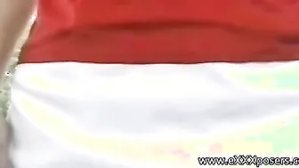 Nervous blonde milf flashing in the park