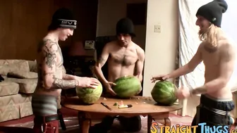 Three straight deviants fuck watermelons and prepare to cum