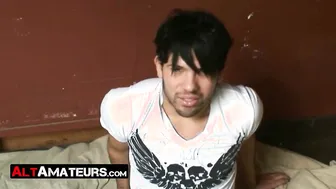 Good looking emo twink jacks off his hairy dick solo